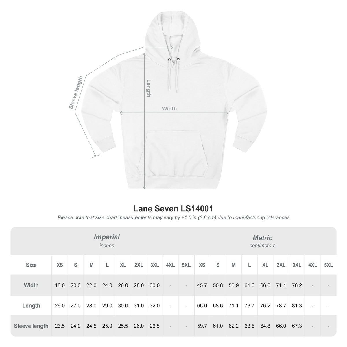 Beirut Hoodie size guide with width, length and sleeve measurements