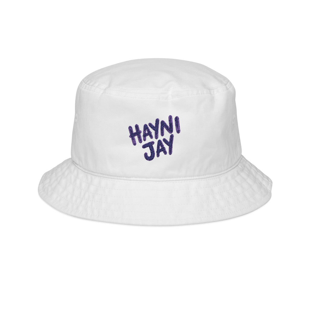 White Monani bucket hat with purple Hayni Jay lettering