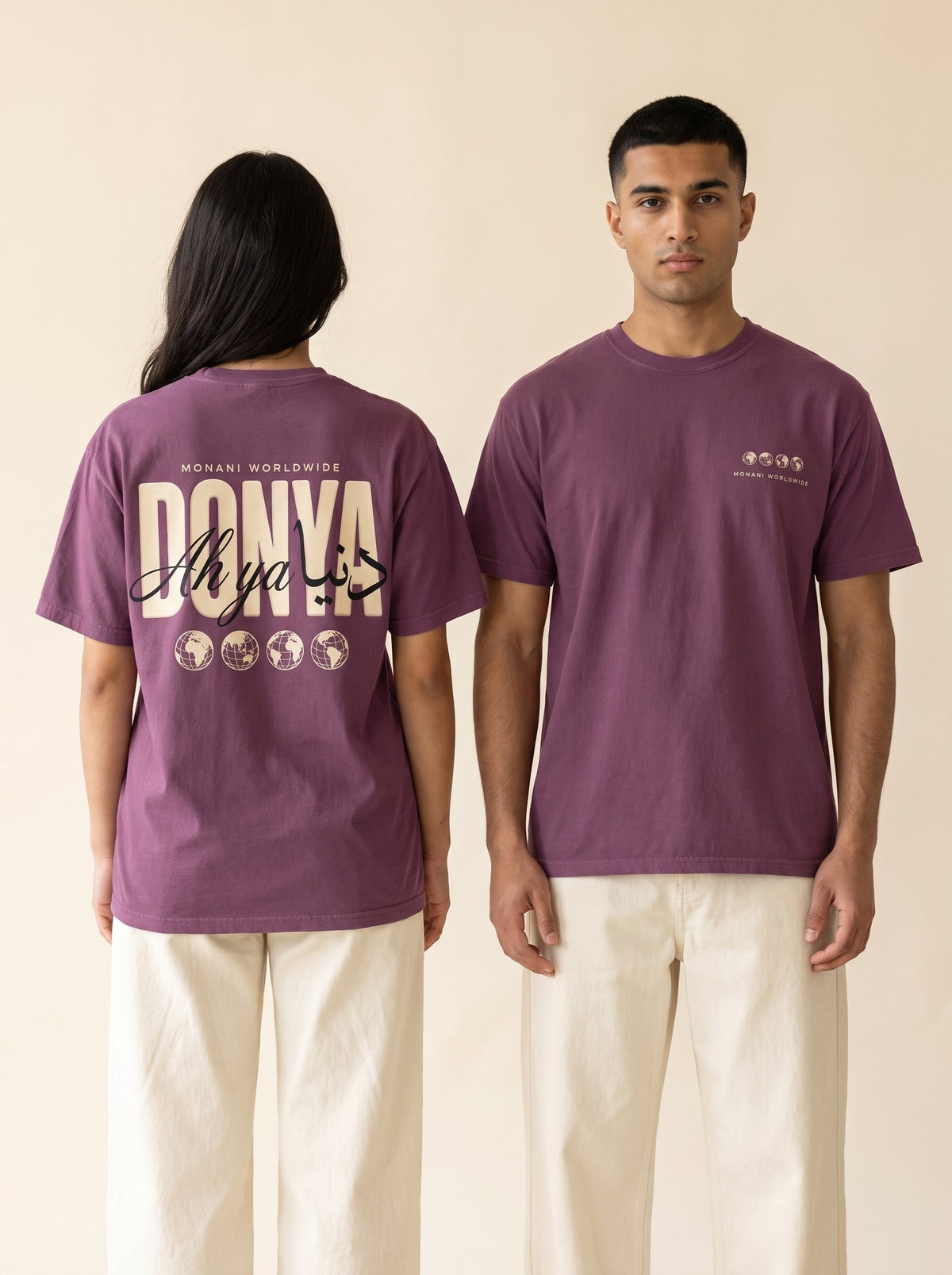 Two models showing the front and back graphics on a berry Monani Ah Ya Donya T-shirt