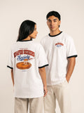 Two models showing the front and dessert graphic on a white Monani Knafeh Seekers Society ringer T-shirt